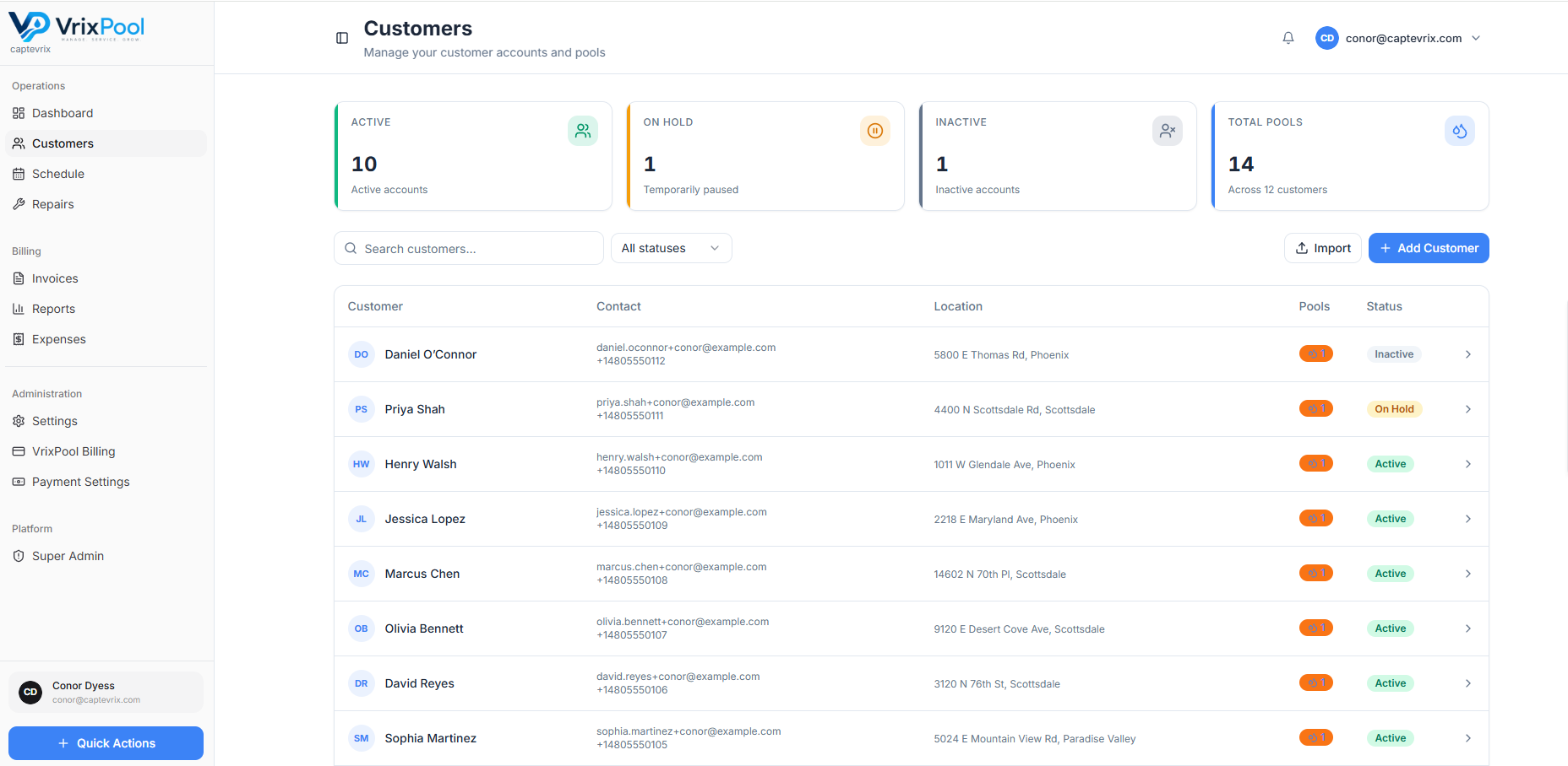 VrixPool customer and pool CRM listing accounts, statuses, locations, and pool counts