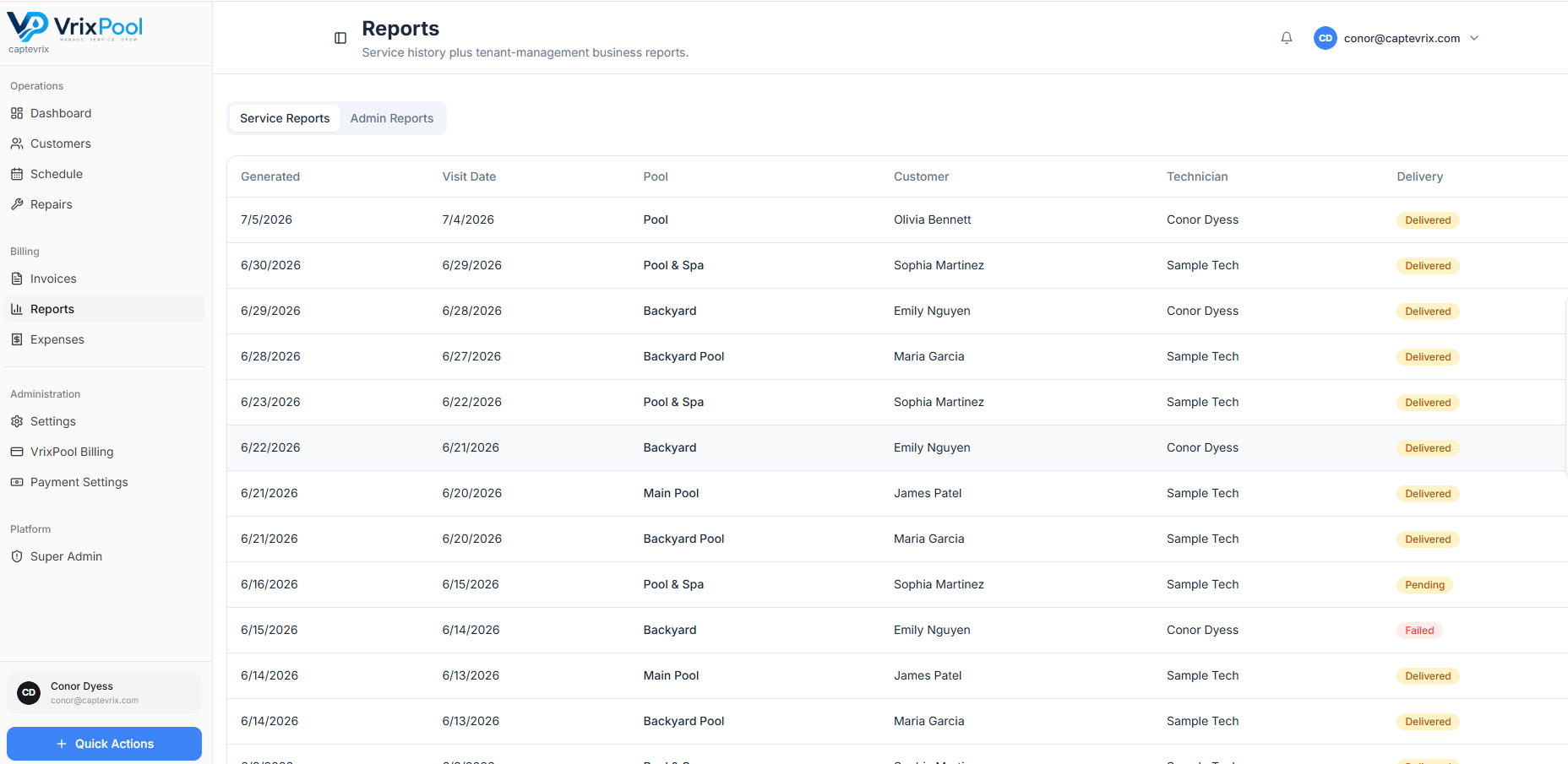 VrixPool service reports with delivery status for each customer visit