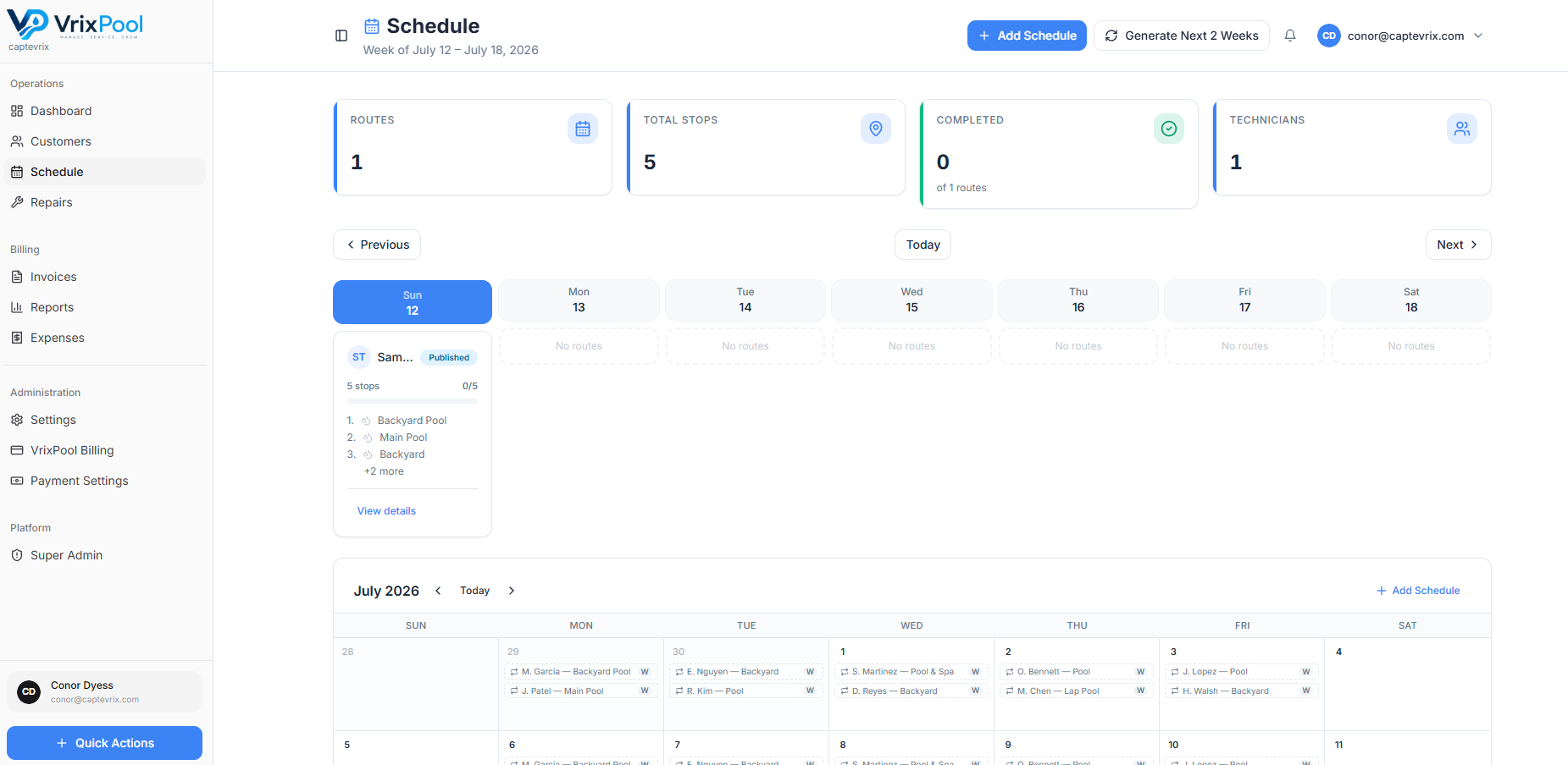 VrixPool schedule showing weekly technician routes and a monthly visit calendar
