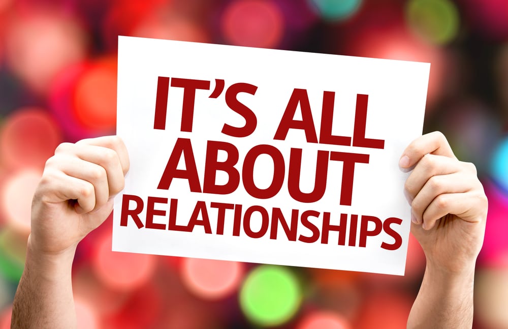 Its All About Relationships card with colorful background with defocused lights