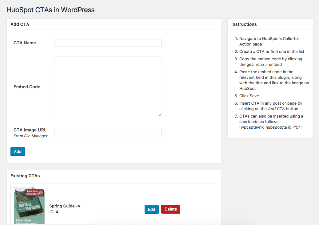 HubSpot CTAs in WordPress UI